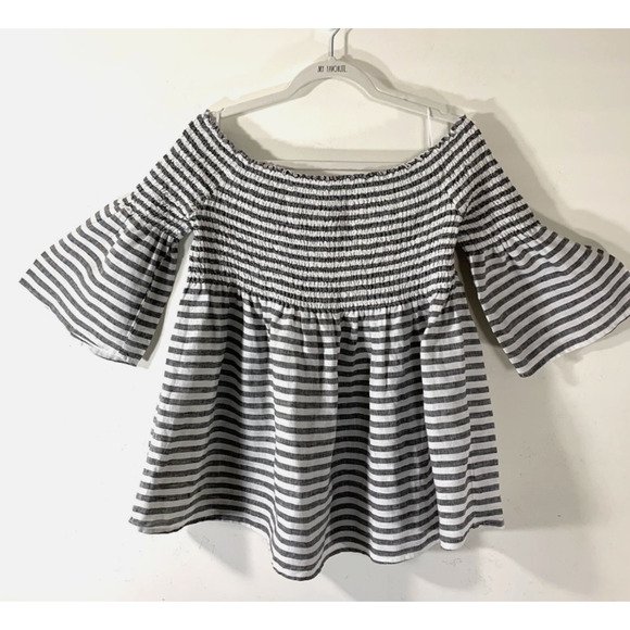 Over the shoulder elastic Smocked Striped Linen Babydoll Top bell sleeves Sz- M - Picture 1 of 5